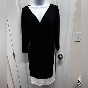 LAUREN Ralph Lauren Faux Wrap Dress 8 Black White 3/4 Sleeve Slinky